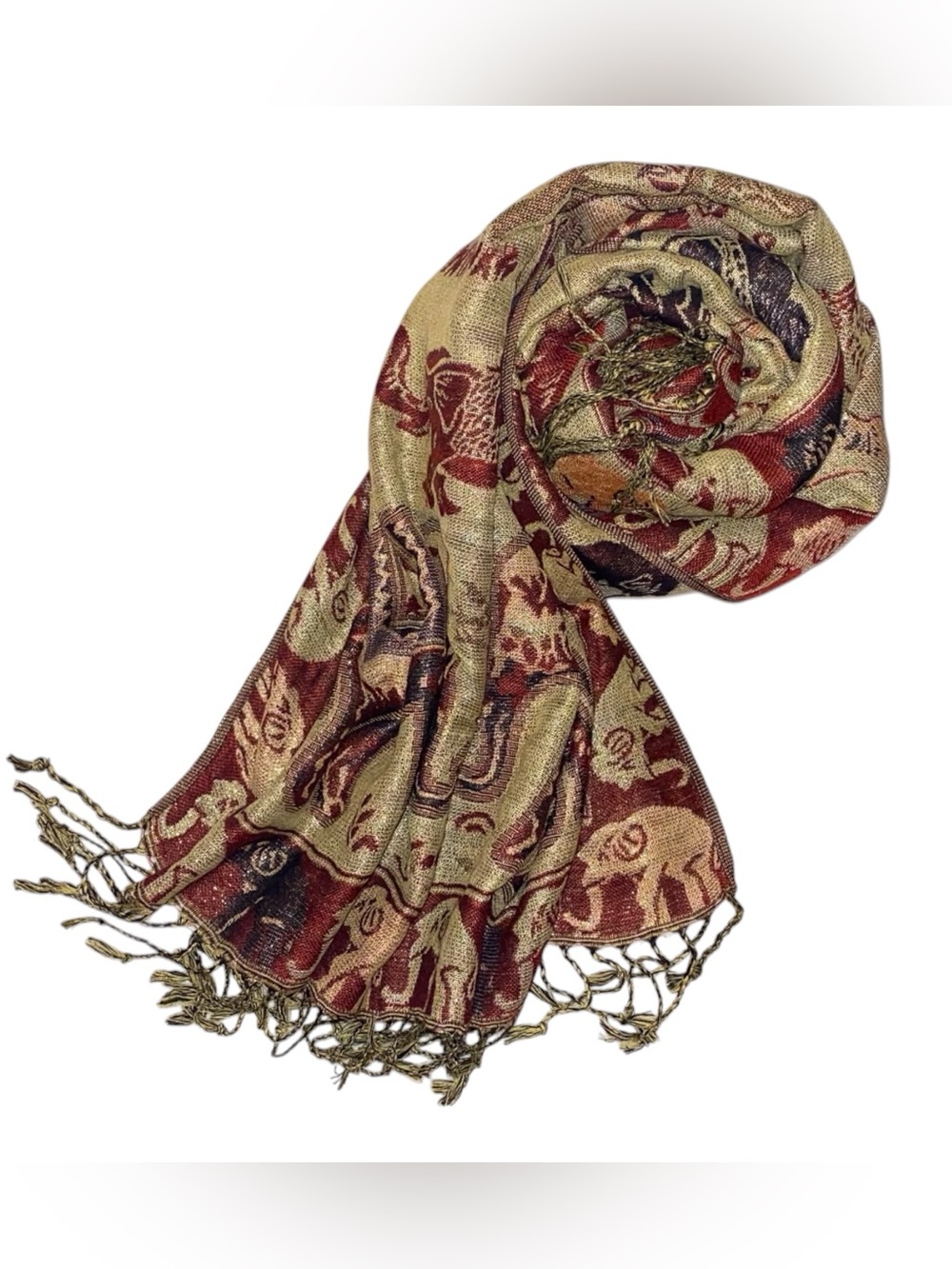 PASHMINA Elephant Pattern Hippie Boho Wrap Scarf Shawl Head Wrap Maroon Tan